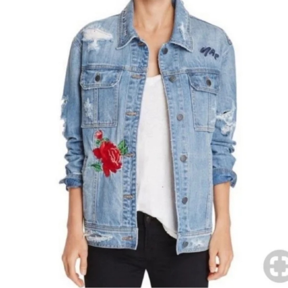 HIDDEN Womens Embroidered Denim Jacket XS Light Wash Oversized Distressed Floral